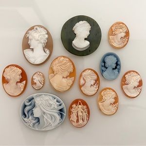 Italian Victorian Genuine Shell Cameo Lady Portrait Handmade Vintage Agate Stone